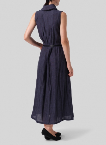 Dark Denim Linen Sleeveless Cowl Neck Long Dress