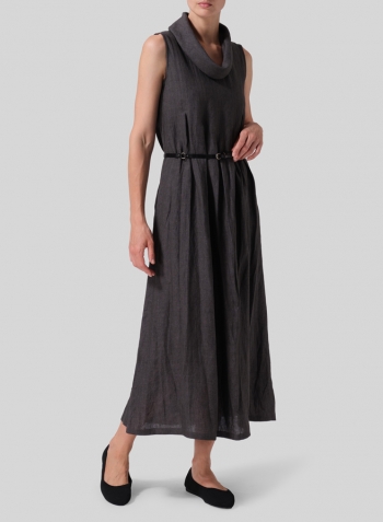 Dark Gray Linen Sleeveless Cowl Neck Long Dress