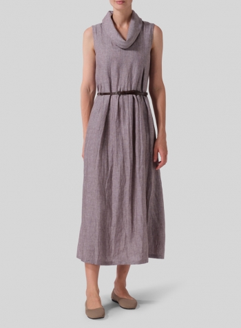 Two Tone Brown Linen Sleeveless Cowl Neck Long Dress