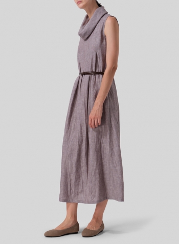 Two Tone Brown Linen Sleeveless Cowl Neck Long Dress