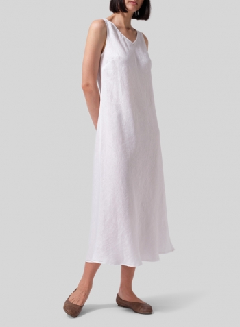 White Linen Bias Cut Sleeveless Long Dress