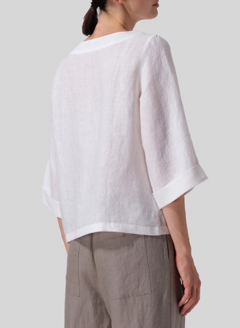 White Linen Wide Sleeves V-Neckline Blouse