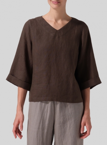 Dark Olive Brown Linen Wide Sleeves V-Neckline Blouse