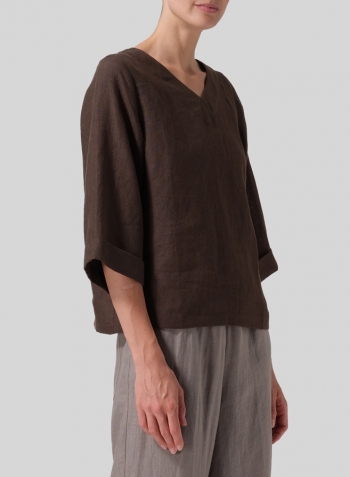 Dark Olive Brown Linen Wide Sleeves V-Neckline Blouse