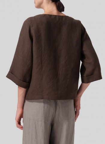 Dark Olive Brown Linen Wide Sleeves V-Neckline Blouse
