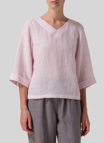 Baby Pink Linen Wide Sleeves V-Neckline Blouse