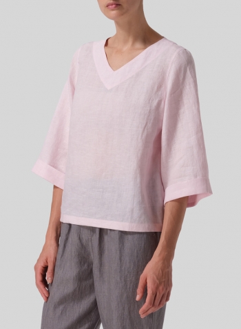 Baby Pink Linen Wide Sleeves V-Neckline Blouse