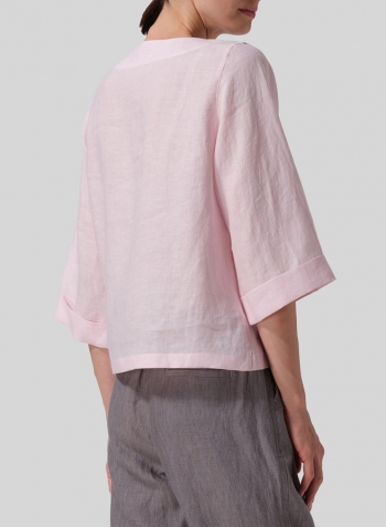 Baby Pink Linen Wide Sleeves V-Neckline Blouse