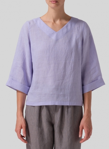 Lavender Linen Wide Sleeves V-Neckline Blouse