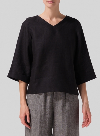 Black Linen Wide Sleeves V-Neckline Blouse