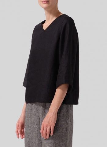 Black Linen Wide Sleeves V-Neckline Blouse