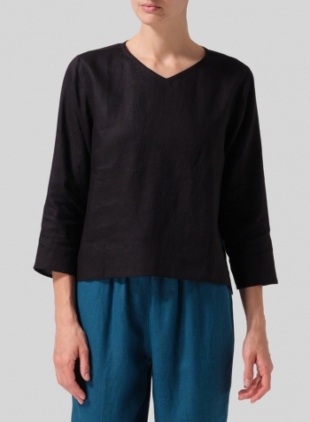 Black Linen Three-quarter Sleeve V-Neck Blouse
