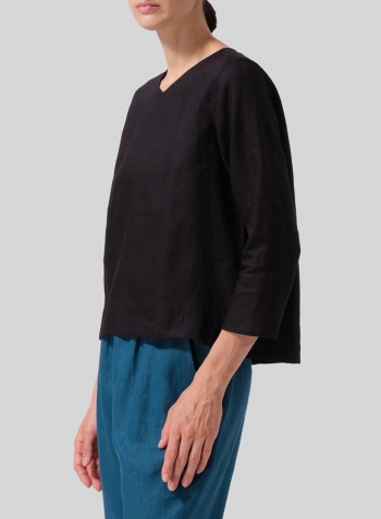 Black Linen Three-quarter Sleeve V-Neck Blouse