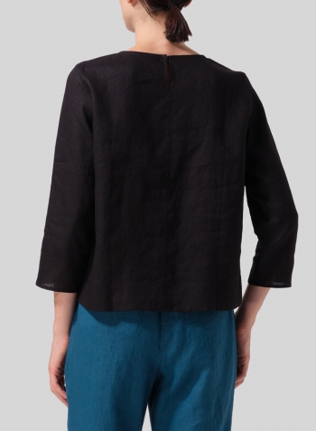 Black Linen Three-quarter Sleeve V-Neck Blouse