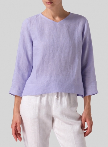 Lavender Linen Three-quarter Sleeve V-Neck Blouse