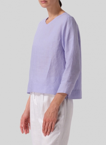 Lavender Linen Three-quarter Sleeve V-Neck Blouse