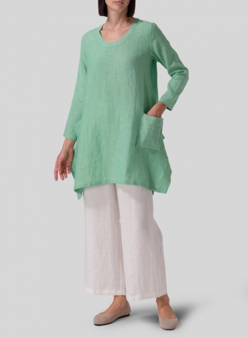 Two Tone Yellow Green Linen Long Sleeve Top