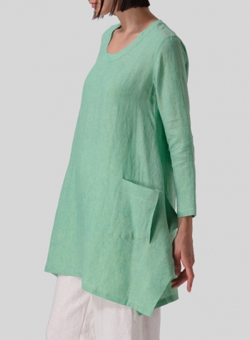 Two Tone Yellow Green Linen Long Sleeve Top