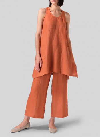 Sun Orange Linen Scoop Neck Halter Backs Tunic Set