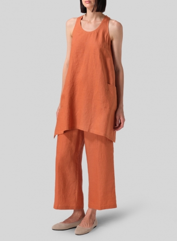 Sun Orange Linen Scoop Neck Halter Backs Tunic Set