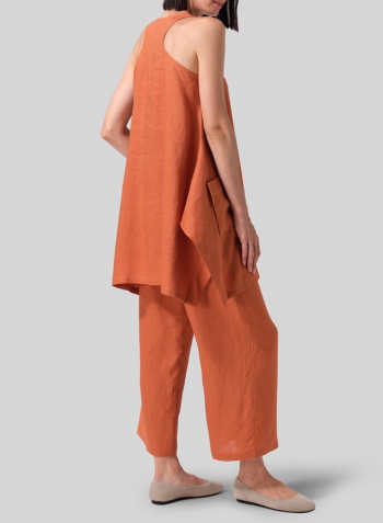 Sun Orange Linen Scoop Neck Halter Backs Tunic Set