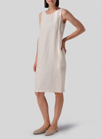 White Sand Linen Sleeveless Round Neck Dress