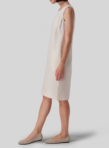White Sand Linen Sleeveless Round Neck Dress