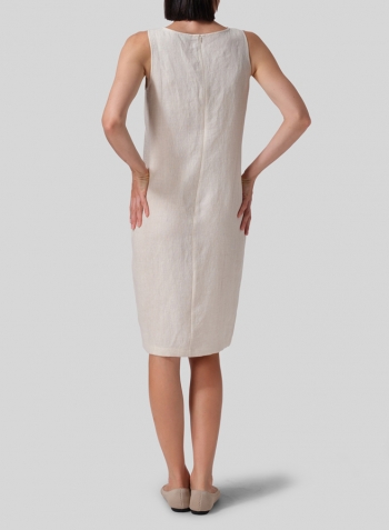 White Sand Linen Sleeveless Round Neck Dress