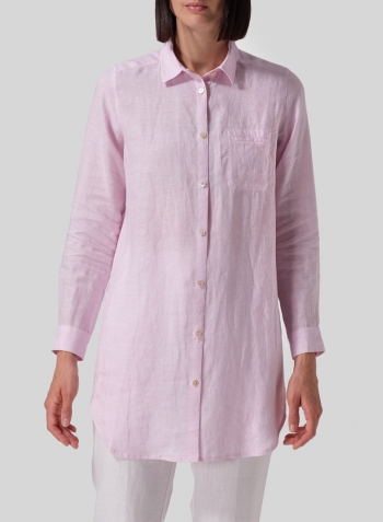 Soft Pink Linen L/S Solid Basic Button Front Long Blouse