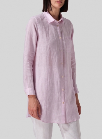 Soft Pink Linen L/S Solid Basic Button Front Long Blouse