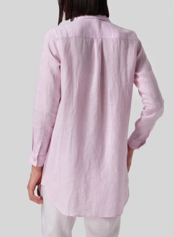 Soft Pink Linen L/S Solid Basic Button Front Long Blouse