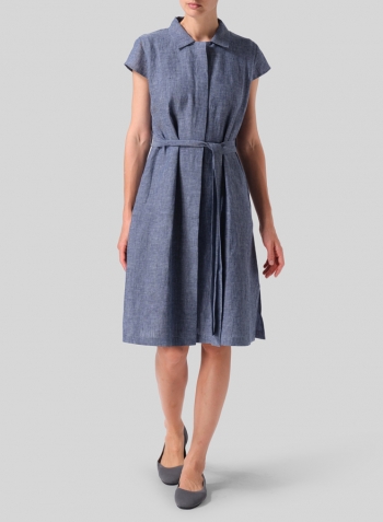 Denim Blue Linen Coat Dress with Tie