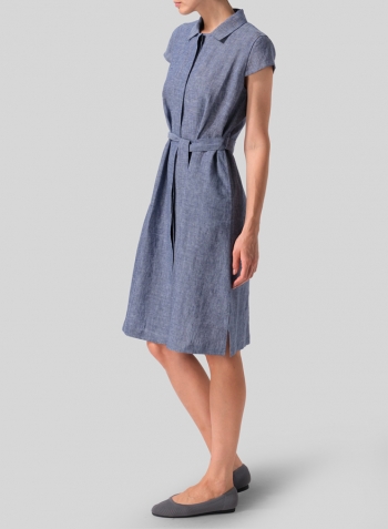 Denim Blue Linen Coat Dress with Tie
