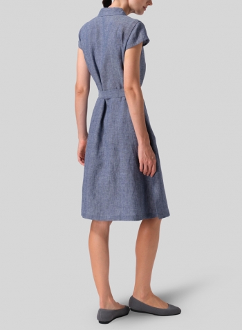 Denim Blue Linen Coat Dress with Tie