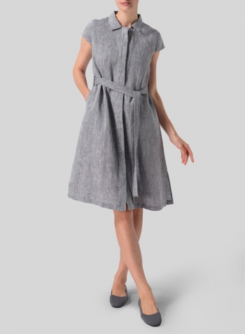 Two Tone Light Navy Grey Linen Coat Dress with Tie