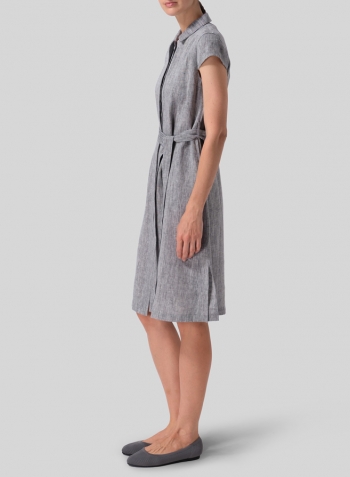 Two Tone Light Navy Grey Linen Coat Dress with Tie