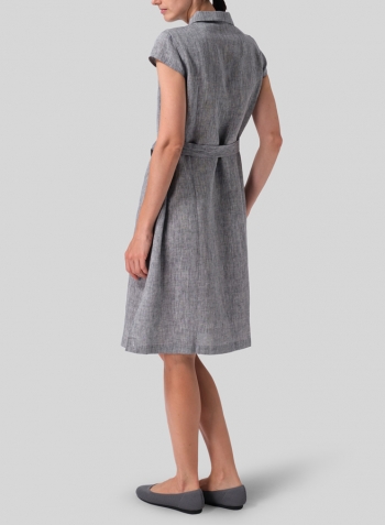 Two Tone Light Navy Grey Linen Coat Dress with Tie