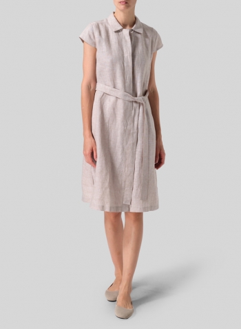 Two Tone Beige Linen Coat Dress with Tie