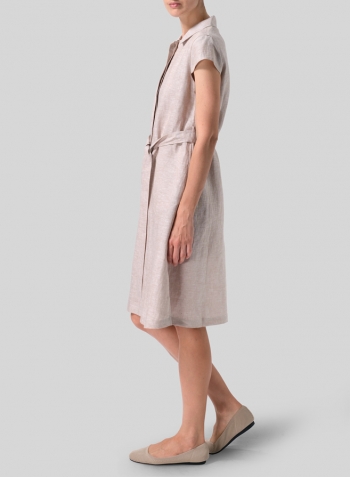 Two Tone Beige Linen Coat Dress with Tie