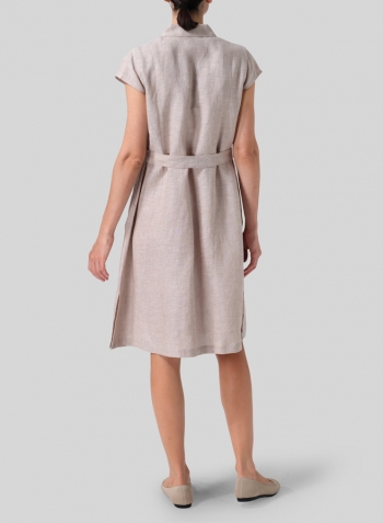 Two Tone Beige Linen Coat Dress with Tie