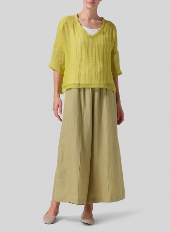 Yellow Woven Linen Deep V-neck Top Set