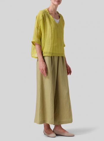 Yellow Woven Linen Deep V-neck Top Set