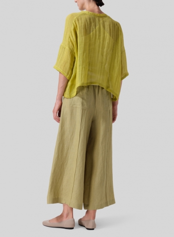 Yellow Woven Linen Deep V-neck Top Set