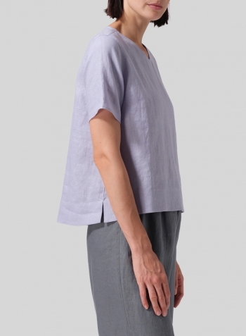 Light Sky Blue Linen Regular Fit V-Neck Short Top