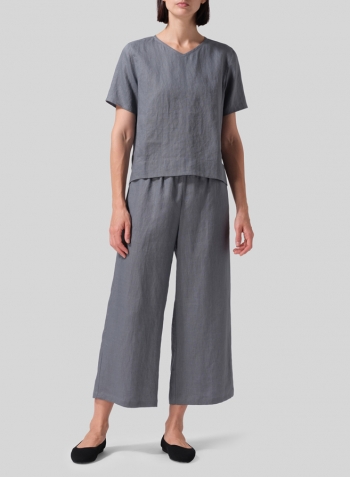 Cool Gray Linen Regular Fit V-Neck Short Top Set