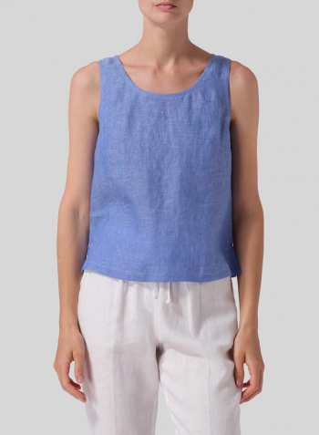 Cerulean Blue Linen Nice Fit Sleeveless Tank Top