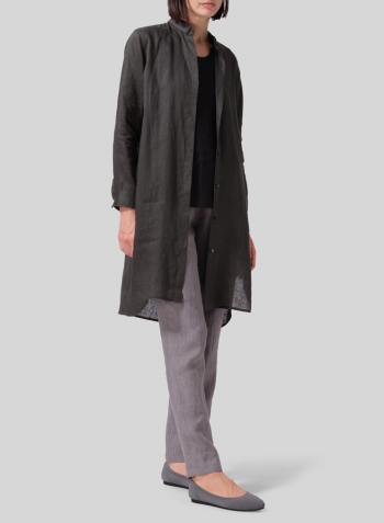 Dark Green Linen Stand Collar Long Shirt Set