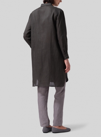 Dark Green Linen Stand Collar Long Shirt Set