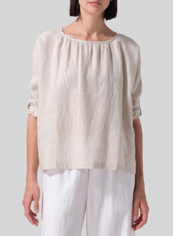 Oat Linen Loose Pleated Roll-Tab Sleeve Top