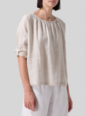 Oat Linen Loose Pleated Roll-Tab Sleeve Top